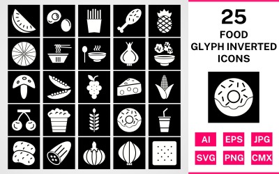 25 Food Glyph Inverterad Ikonuppsättning