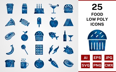 25 Food Low poly Ikonuppsättning