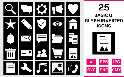 25 Grundläggande ui Glyph Inverterad Ikonuppsättning