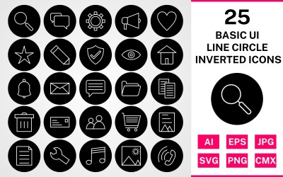 25 Grundläggande ui Line Circle Inverterad Ikonuppsättning