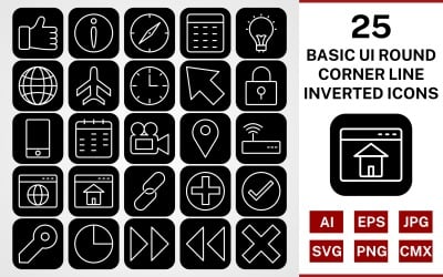 25 Grundläggande ui Round Corner Line Inverterad Ikonuppsättning