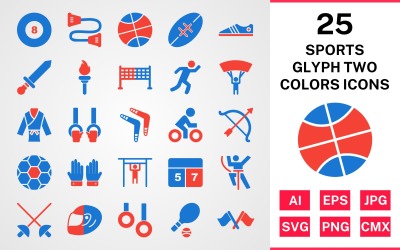 Jeu d&amp;#39;icônes de 25 sports et jeux Glyph Two Colors