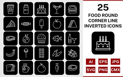 25 mat runda hörnlinjen inverterad ikonuppsättning