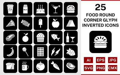 25 mat runt hörnet Glyph Inverterad Ikonuppsättning