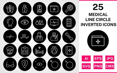 25 Medical Line Circle Inverterad Ikonuppsättning