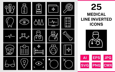 25 medicinsk linje inverterad ikonuppsättning