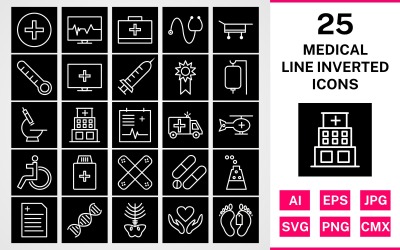 25 medicinsk linje inverterad ikonuppsättning