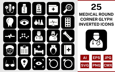 25 medicinska runda hörn Glyph Inverterad Ikonuppsättning