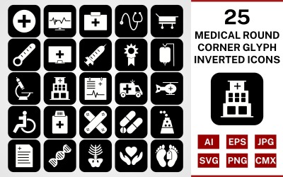 25 medicinska runda hörn Glyph Inverterad Ikonuppsättning