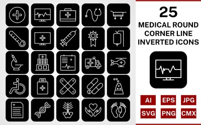 25 medicinska runda hörnlinjen inverterad ikonuppsättning