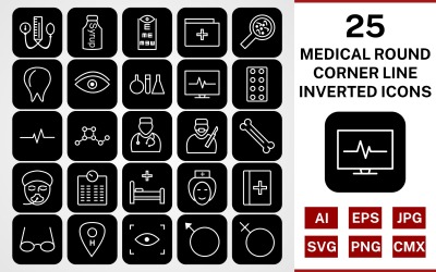 25 medicinska runda hörnlinjen inverterad ikonuppsättning