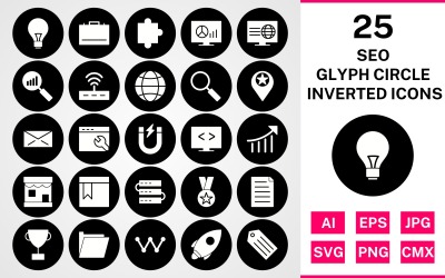 25 Seo Glyph Circle Inverterad Ikonuppsättning