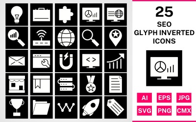 25 Seo Glyph Inverterad Ikonuppsättning