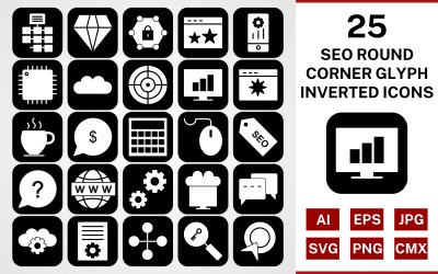 25 SEO ronde hoek Glyph omgekeerde pictogramserie