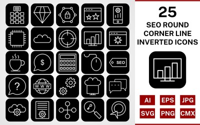 25 Seo Yuvarlak Köşe Çizgi Ters Icon Set