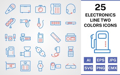 Set di icone di 25 dispositivi elettronici linea due colori
