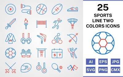 25 Sport och spel linje två färger Ikonuppsättning