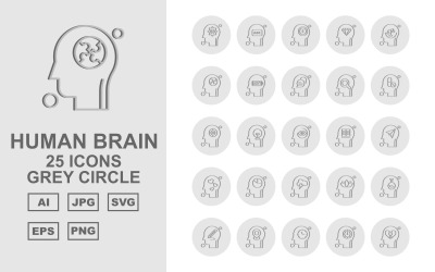 25 Conjunto de iconos de círculo gris de cerebro humano premium