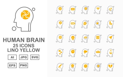 25 prémium emberi agy Lino sárga ikon készlet