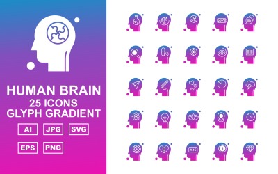 25 Premium Human Brain Glyph Gradient Ikonuppsättning