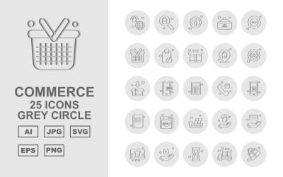 25 Premium shopping och handel grå cirkel ikonuppsättning