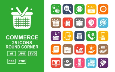 25 Premium shopping och handel runda hörn ikonuppsättning