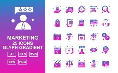 25 Conjunto de ícones de gradiente de glifo de marketing premium