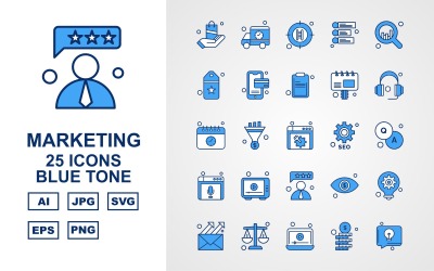 25 Conjunto de iconos de tono azul de marketing premium