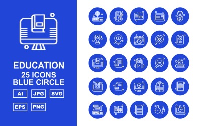 25 Premium Education Blue Circle Ikonuppsättning