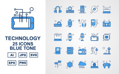 25 Premium Technology Blue Tone Ikonuppsättning