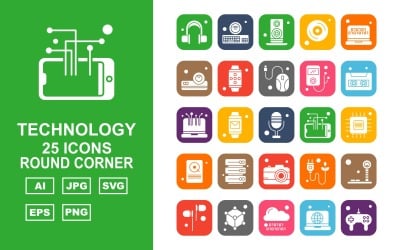 25 Premium Technology runda hörn ikonuppsättning