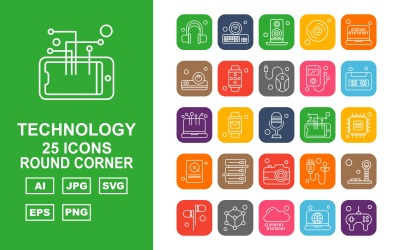 25 Premium Technology runda hörn ikonuppsättning