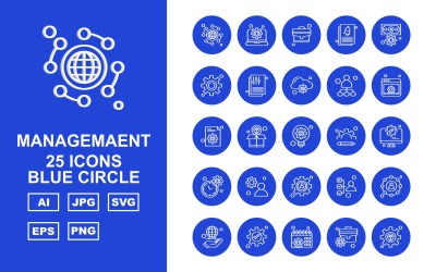 25 Conjunto de ícones de círculo azul de gerenciamento premium