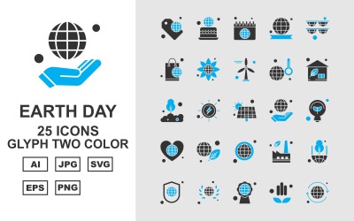 25 Premium Earth Day Glyph Ikonuppsättning med två färger