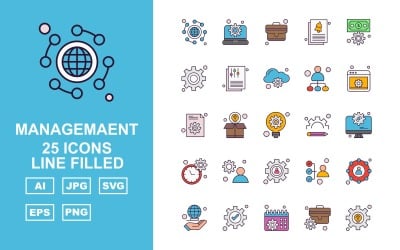 25 Premium Management Line Filled Icon Set