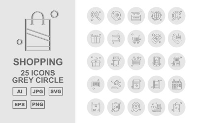 25 Premium shopping grå cirkel ikonuppsättning