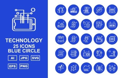 25 Premium Technology Blue Circle Ikonuppsättning
