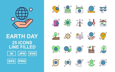 25 set di icone riempite di linea Premium Earth Day