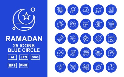 25 Conjunto de iconos de círculo azul de Ramadán premium