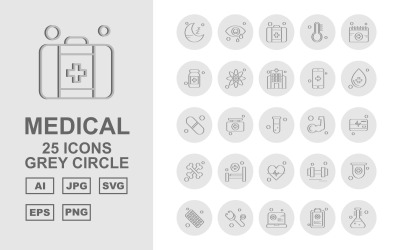 25 Premium medicinsk grå cirkel ikonuppsättning
