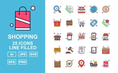 25 Premium Shopping Line Filled Icon Set