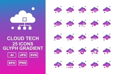 25 Premium Cloud Tech Glyph Gradient Ikonuppsättning