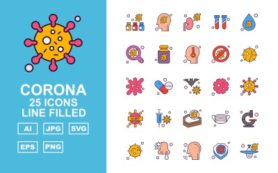 25 Premium Corona Virus Line fylld ikonuppsättning