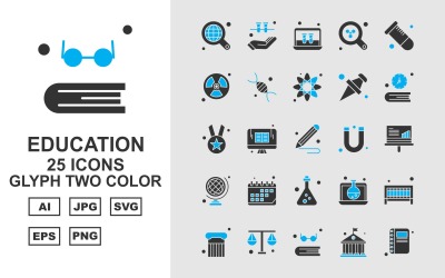 25 Premium Education Glyph Two Color Icon Set