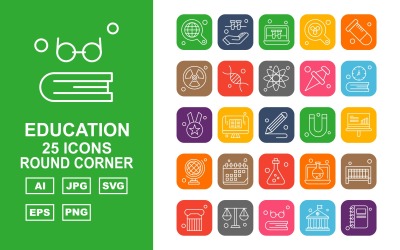 25 Premium Education Round Corner Icon Set