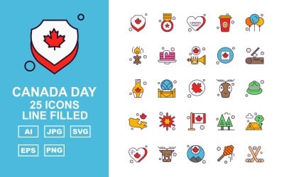 25 Premium Kanada dagslinje fylld ikonuppsättning