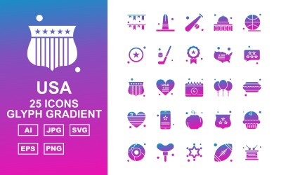 25 Premium USA Glyph Gradient Ikonuppsättning