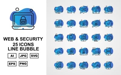 25 set di icone a bolle di linea di sicurezza e web premium