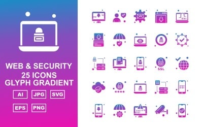 25 set di icone gradiente glifo Web e sicurezza premium