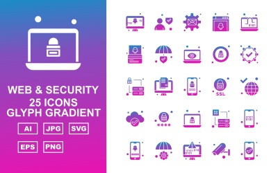 25 Zestaw ikon gradientu glifów Premium Web i zabezpieczeń